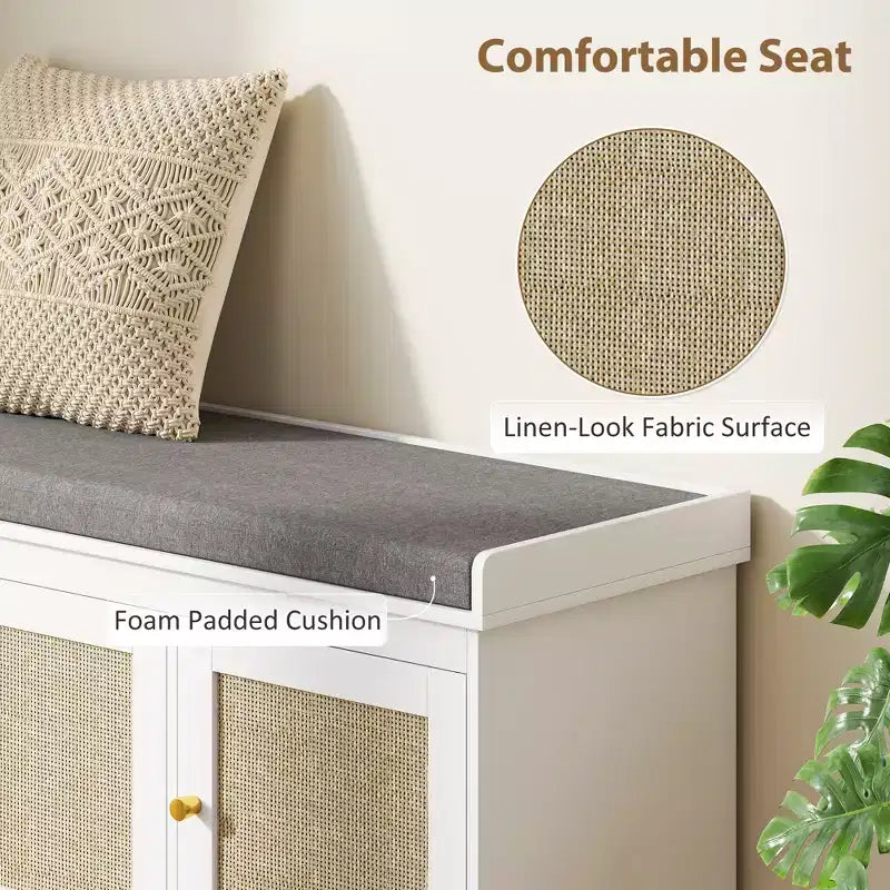 Shoe Storage Bench with Woven Rattan Doors, Shoe Bench with Cushion, Adjustable Shelves, Entryway Bench