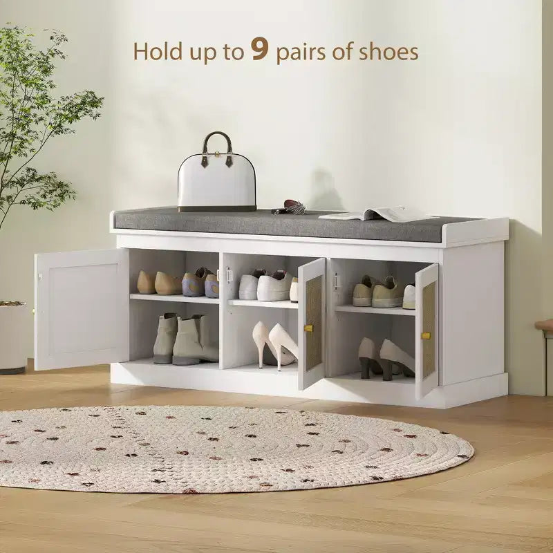 Shoe Storage Bench with Woven Rattan Doors, Shoe Bench with Cushion, Adjustable Shelves, Entryway Bench