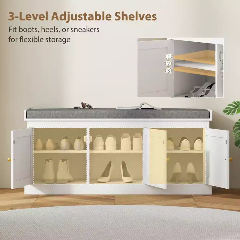 Shoe Storage Bench with Woven Rattan Doors, Shoe Bench with Cushion, Adjustable Shelves, Entryway Bench