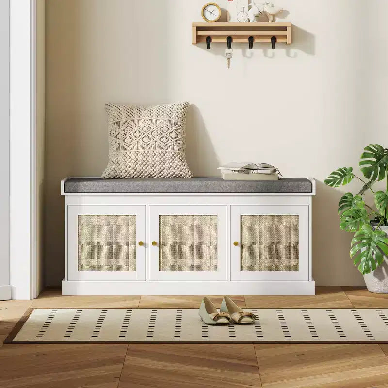 Shoe Storage Bench with Woven Rattan Doors, Shoe Bench with Cushion, Adjustable Shelves, Entryway Bench