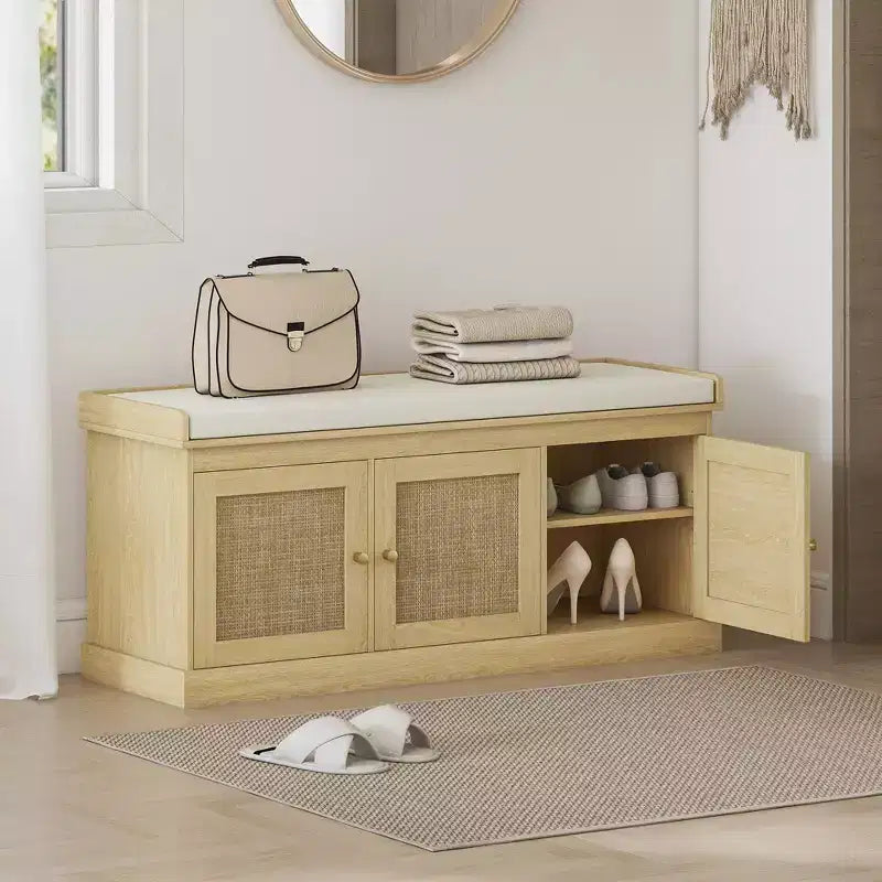 Shoe Storage Bench with Woven Rattan Doors, Shoe Bench with Cushion, Adjustable Shelves, Entryway Bench
