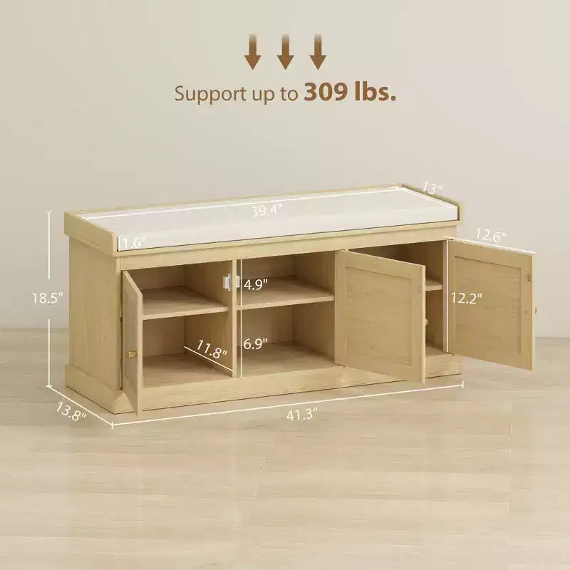 Shoe Storage Bench with Woven Rattan Doors, Shoe Bench with Cushion, Adjustable Shelves, Entryway Bench