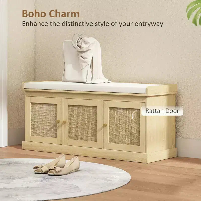 Shoe Storage Bench with Woven Rattan Doors, Shoe Bench with Cushion, Adjustable Shelves, Entryway Bench
