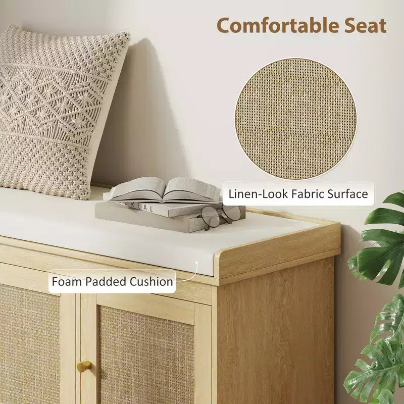 Shoe Storage Bench with Woven Rattan Doors, Shoe Bench with Cushion, Adjustable Shelves, Entryway Bench