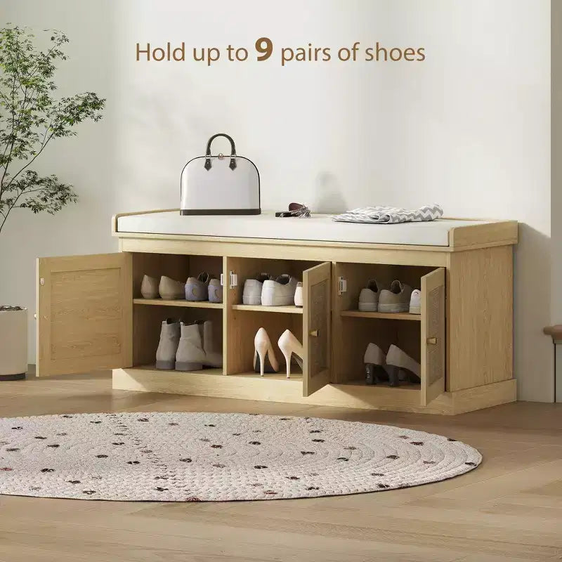 Shoe Storage Bench with Woven Rattan Doors, Shoe Bench with Cushion, Adjustable Shelves, Entryway Bench