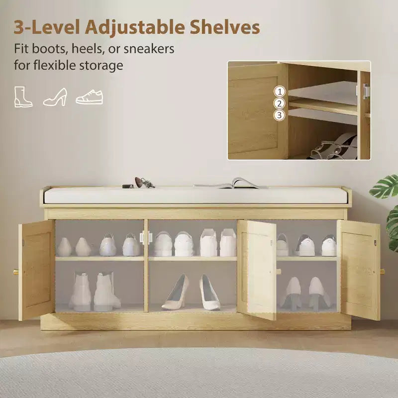 Shoe Storage Bench with Woven Rattan Doors, Shoe Bench with Cushion, Adjustable Shelves, Entryway Bench
