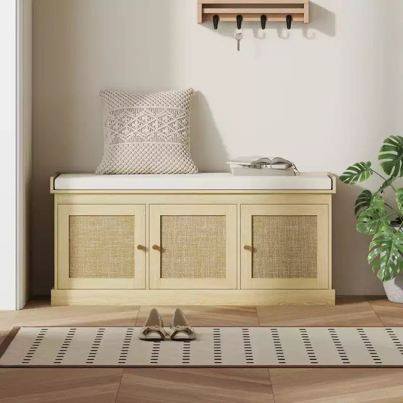 Shoe Storage Bench with Woven Rattan Doors, Shoe Bench with Cushion, Adjustable Shelves, Entryway Bench