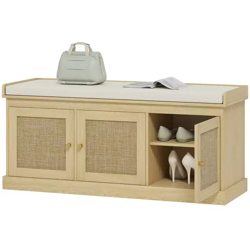 Shoe Storage Bench with Woven Rattan Doors, Shoe Bench with Cushion, Adjustable Shelves, Entryway Bench