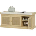 Shoe Storage Bench with Woven Rattan Doors, Shoe Bench with Cushion, Adjustable Shelves, Entryway Bench
