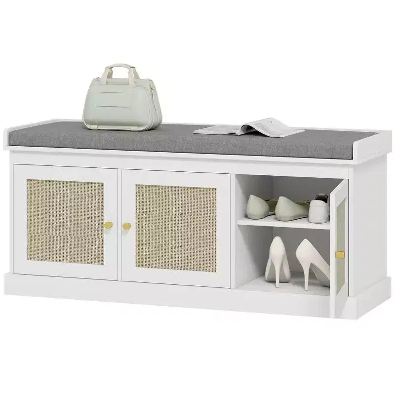 Shoe Storage Bench with Woven Rattan Doors, Shoe Bench with Cushion, Adjustable Shelves, Entryway Bench