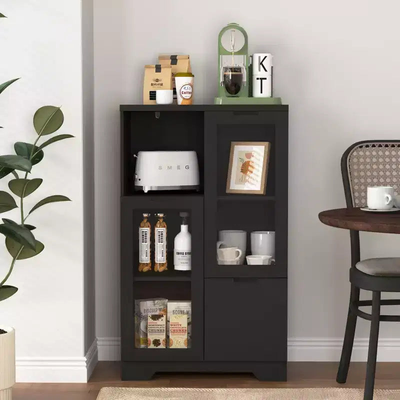 MDF painted Cabinet with Glass Doors and drawer, open storage space, Black ,Bedroom, Living room