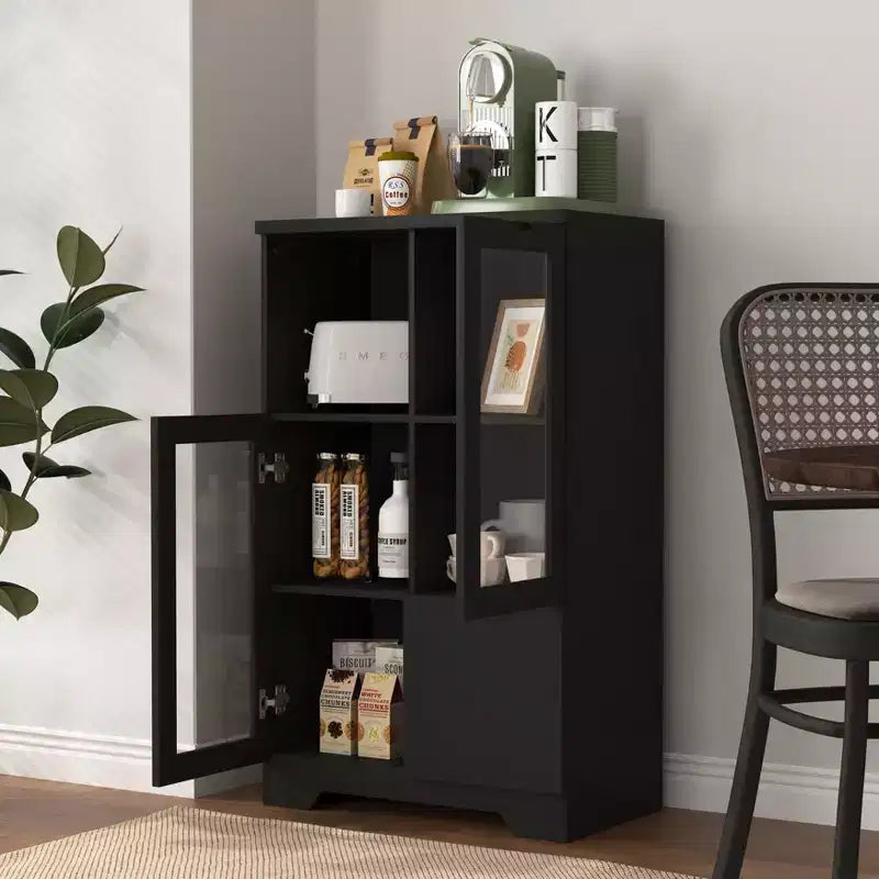 MDF painted Cabinet with Glass Doors and drawer, open storage space, Black ,Bedroom, Living room