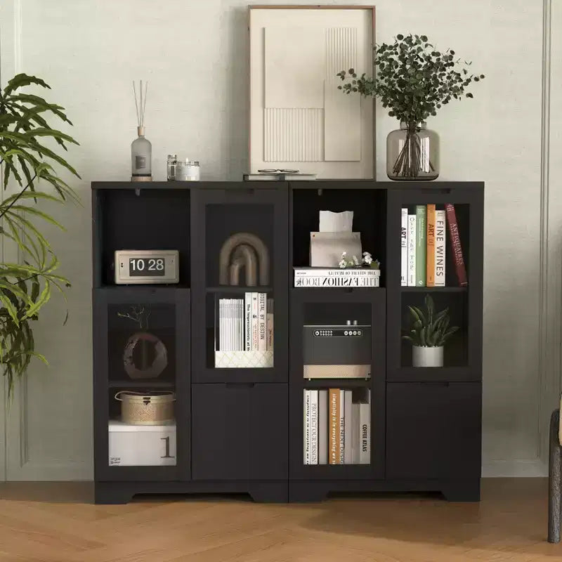 MDF painted Cabinet with Glass Doors and drawer, open storage space, Black ,Bedroom, Living room