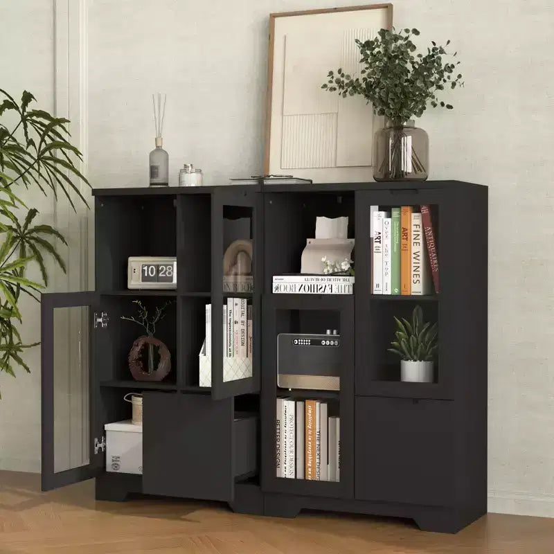 MDF painted Cabinet with Glass Doors and drawer, open storage space, Black ,Bedroom, Living room