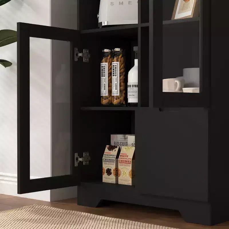 MDF painted Cabinet with Glass Doors and drawer, open storage space, Black ,Bedroom, Living room