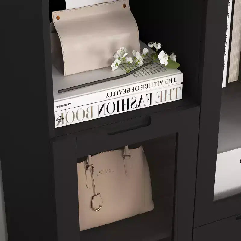 MDF painted Cabinet with Glass Doors and drawer, open storage space, Black ,Bedroom, Living room
