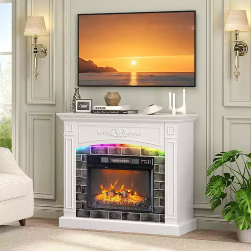 VINGLI 43'' Fireplace TV Stand for up to 55 inch TVs, Electric Fireplace with Mantel, Modern Entertainment Center with Adjustable LED Lights Strips