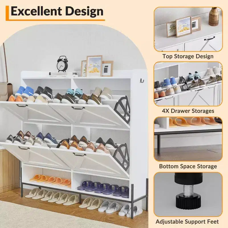 Shoe Cabinet - 4-Tier Flip-Top Drawers, Entryway Footwear Storage, Concealed Independent Shoe Rack, Living Room Open Shelving