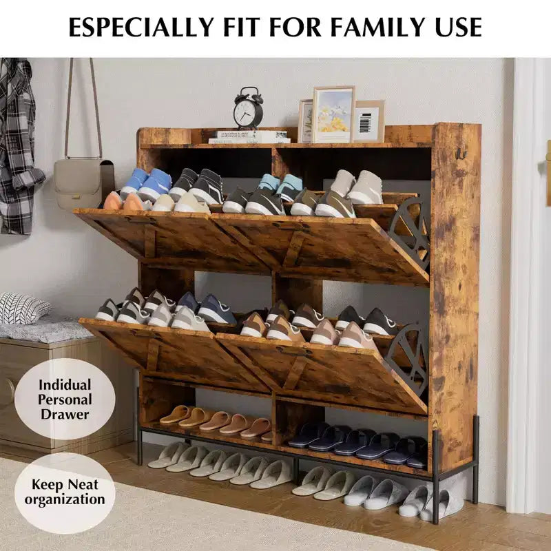 Shoe Cabinet - 4-Tier Flip-Top Drawers, Entryway Footwear Storage, Concealed Independent Shoe Rack, Living Room Open Shelving