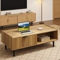 Fluted Coffee Table 42.5 Coffee Table with Drawer, Mid Century Modern Center Tables Light Wood Living Room Tables