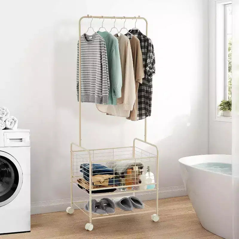 Rolling Laundry Basket with Hanging Rack,Hall Tree Coat Tree, Shoe Rack Organizer,Metal Laundry Hamper Clothes Storage Organizer with Lockable Wheels