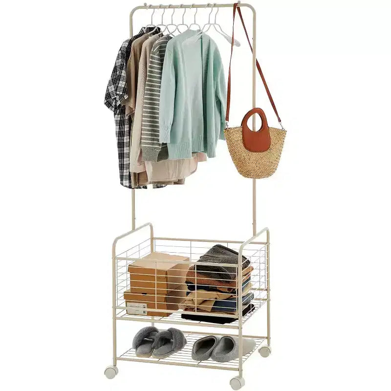 Rolling Laundry Basket with Hanging Rack,Hall Tree Coat Tree, Shoe Rack Organizer,Metal Laundry Hamper Clothes Storage Organizer with Lockable Wheels