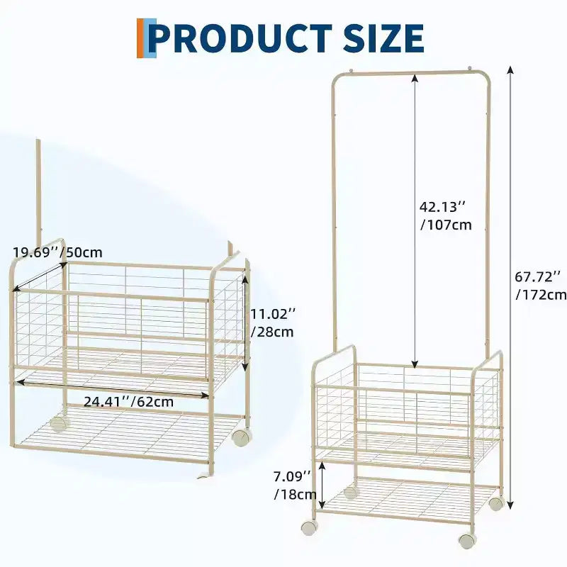Rolling Laundry Basket with Hanging Rack,Hall Tree Coat Tree, Shoe Rack Organizer,Metal Laundry Hamper Clothes Storage Organizer with Lockable Wheels