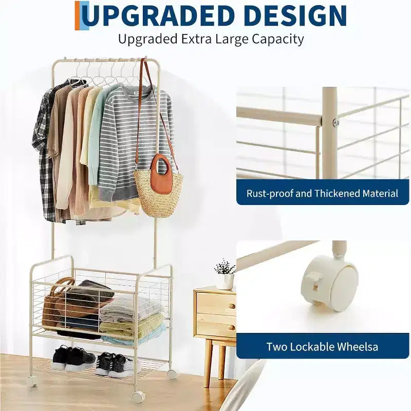 Rolling Laundry Basket with Hanging Rack,Hall Tree Coat Tree, Shoe Rack Organizer,Metal Laundry Hamper Clothes Storage Organizer with Lockable Wheels