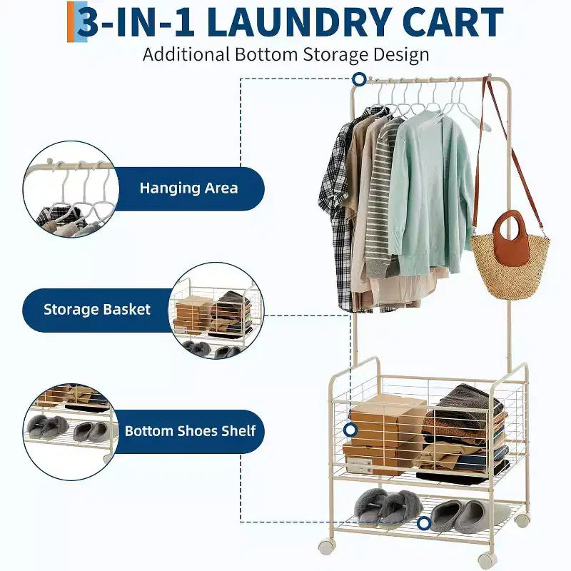 Rolling Laundry Basket with Hanging Rack,Hall Tree Coat Tree, Shoe Rack Organizer,Metal Laundry Hamper Clothes Storage Organizer with Lockable Wheels