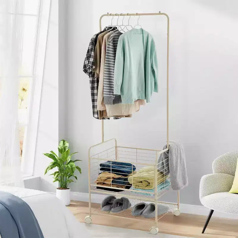 Rolling Laundry Basket with Hanging Rack,Hall Tree Coat Tree, Shoe Rack Organizer,Metal Laundry Hamper Clothes Storage Organizer with Lockable Wheels