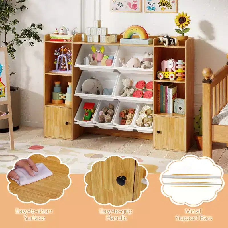 Costway Kids Toy Storage and Bookshelf with 8 Boxes Open Shelves & 2 Single-door Cabinets White/Gray/Beige/Pink