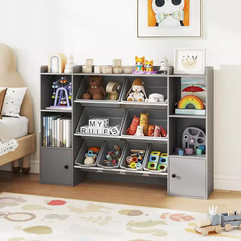 Costway Kids Toy Storage and Bookshelf with 8 Boxes Open Shelves & 2 Single-door Cabinets White/Gray/Beige/Pink
