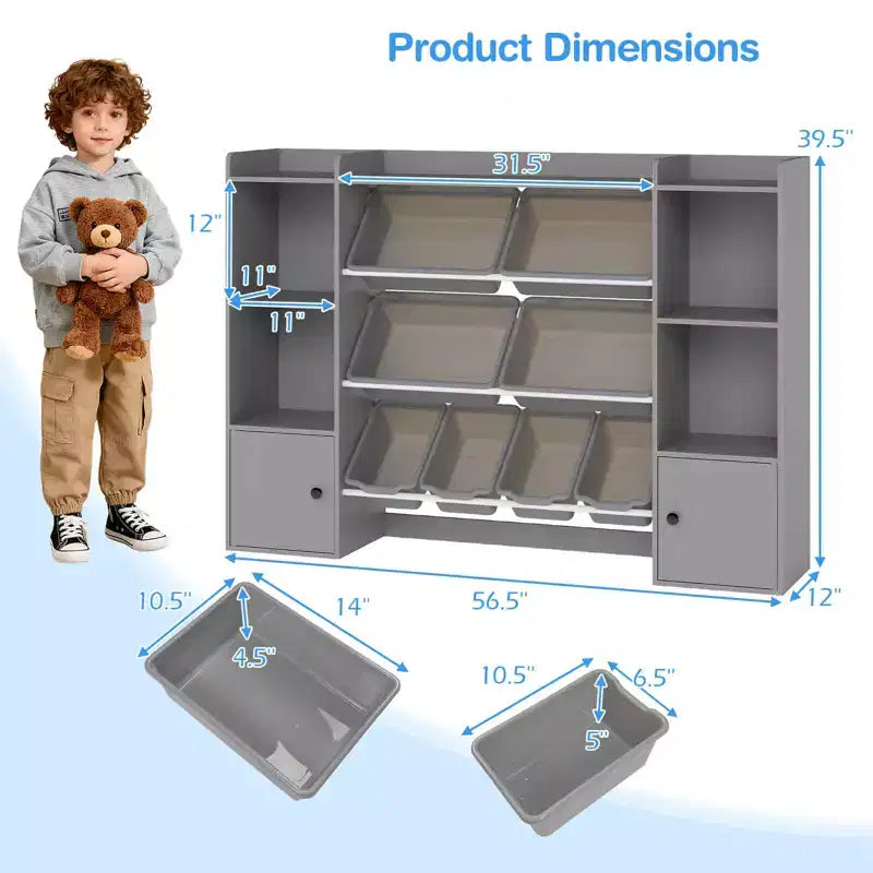 Costway Kids Toy Storage and Bookshelf with 8 Boxes Open Shelves & 2 Single-door Cabinets White/Gray/Beige/Pink