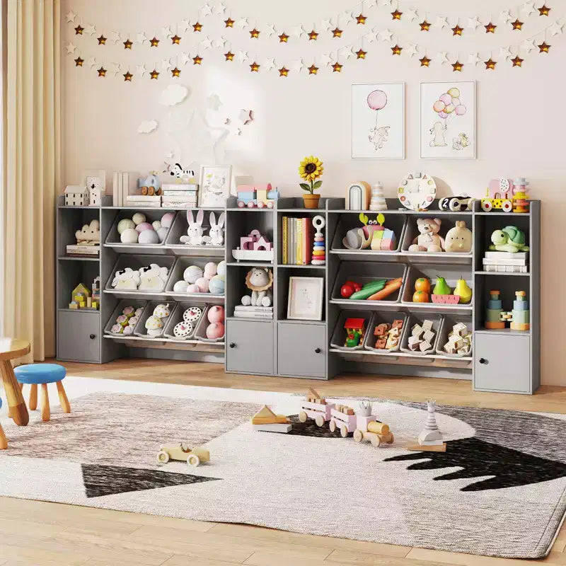 Costway Kids Toy Storage and Bookshelf with 8 Boxes Open Shelves & 2 Single-door Cabinets White/Gray/Beige/Pink