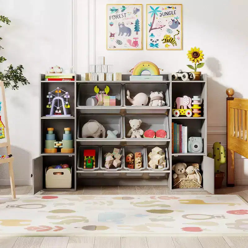 Costway Kids Toy Storage and Bookshelf with 8 Boxes Open Shelves & 2 Single-door Cabinets White/Gray/Beige/Pink