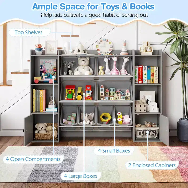 Costway Kids Toy Storage and Bookshelf with 8 Boxes Open Shelves & 2 Single-door Cabinets White/Gray/Beige/Pink