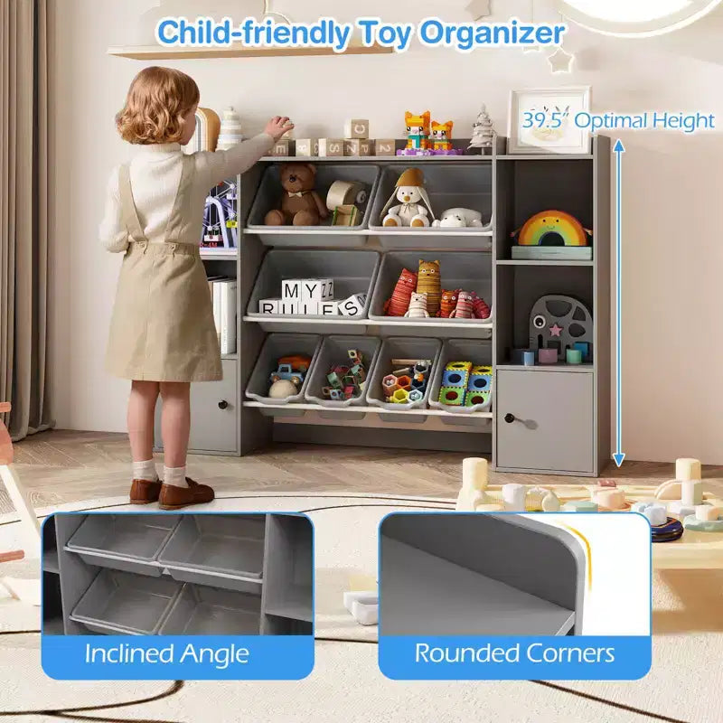 Costway Kids Toy Storage and Bookshelf with 8 Boxes Open Shelves & 2 Single-door Cabinets White/Gray/Beige/Pink
