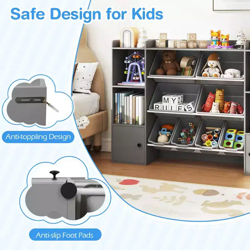 Costway Kids Toy Storage and Bookshelf with 8 Boxes Open Shelves & 2 Single-door Cabinets White/Gray/Beige/Pink