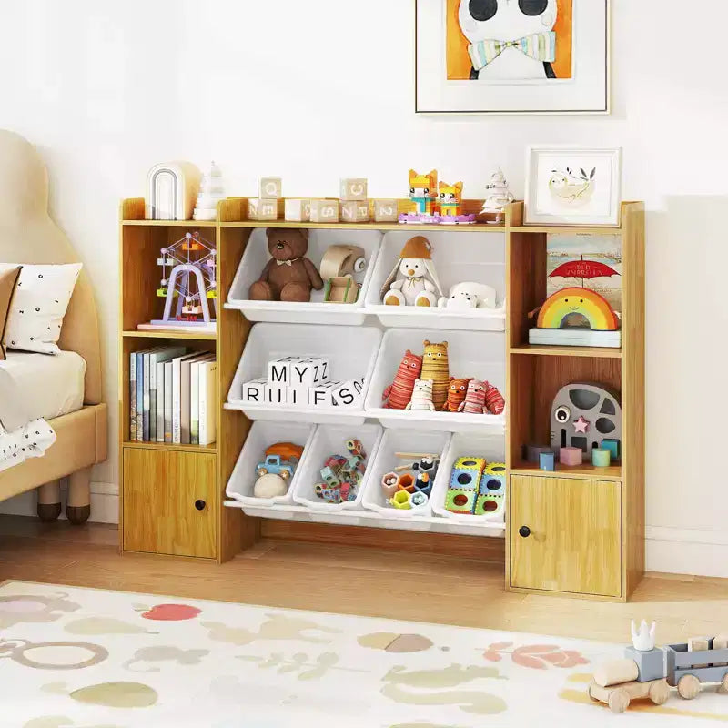 Costway Kids Toy Storage and Bookshelf with 8 Boxes Open Shelves & 2 Single-door Cabinets White/Gray/Beige/Pink