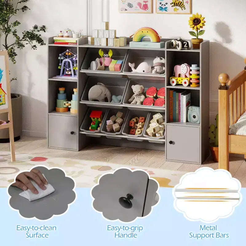 Costway Kids Toy Storage and Bookshelf with 8 Boxes Open Shelves & 2 Single-door Cabinets White/Gray/Beige/Pink