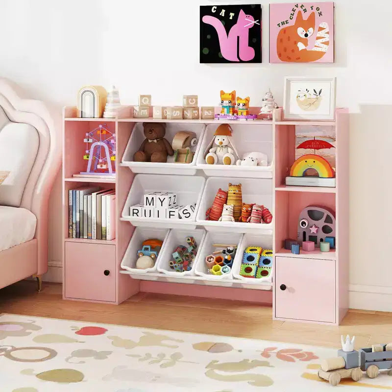 Costway Kids Toy Storage and Bookshelf with 8 Boxes Open Shelves & 2 Single-door Cabinets White/Gray/Beige/Pink