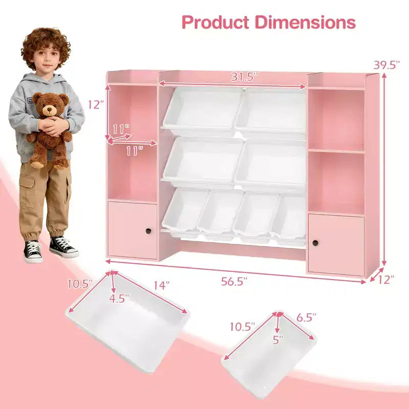 Costway Kids Toy Storage and Bookshelf with 8 Boxes Open Shelves & 2 Single-door Cabinets White/Gray/Beige/Pink