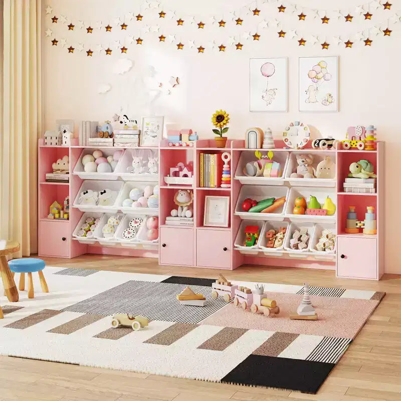 Costway Kids Toy Storage and Bookshelf with 8 Boxes Open Shelves & 2 Single-door Cabinets White/Gray/Beige/Pink