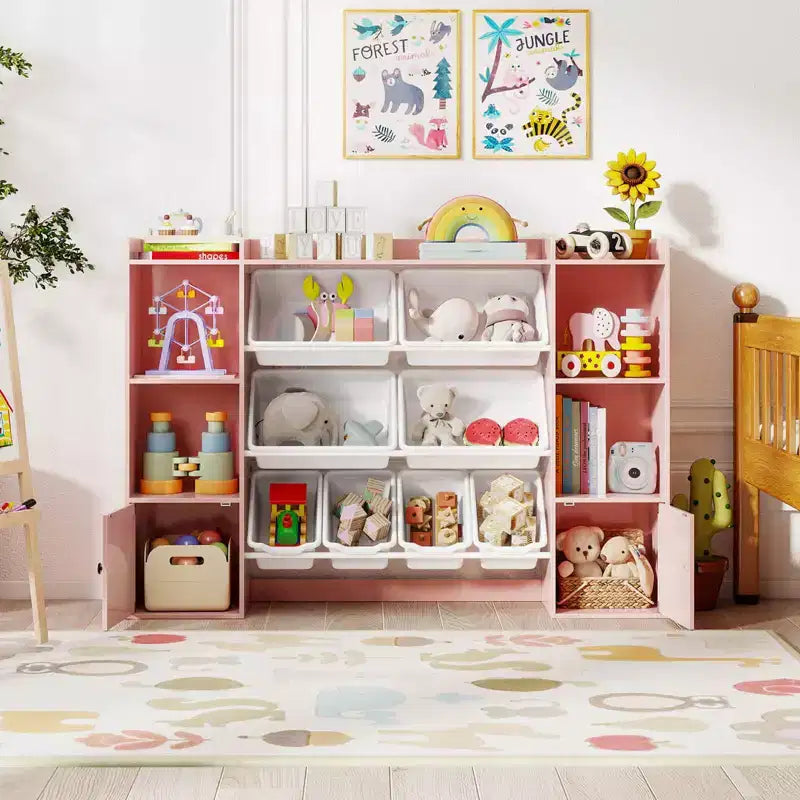 Costway Kids Toy Storage and Bookshelf with 8 Boxes Open Shelves & 2 Single-door Cabinets White/Gray/Beige/Pink