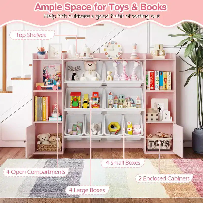 Costway Kids Toy Storage and Bookshelf with 8 Boxes Open Shelves & 2 Single-door Cabinets White/Gray/Beige/Pink