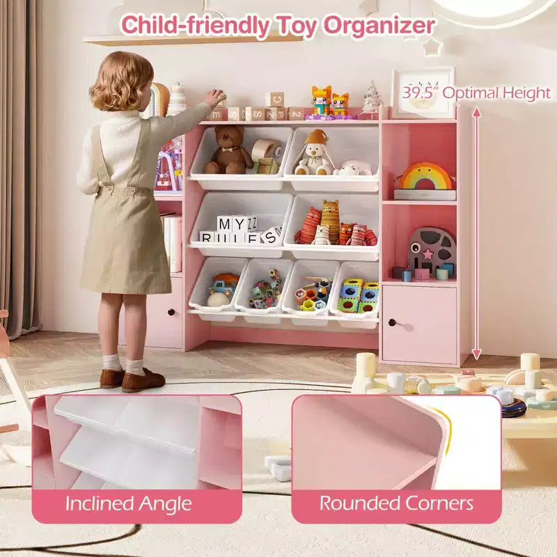 Costway Kids Toy Storage and Bookshelf with 8 Boxes Open Shelves & 2 Single-door Cabinets White/Gray/Beige/Pink