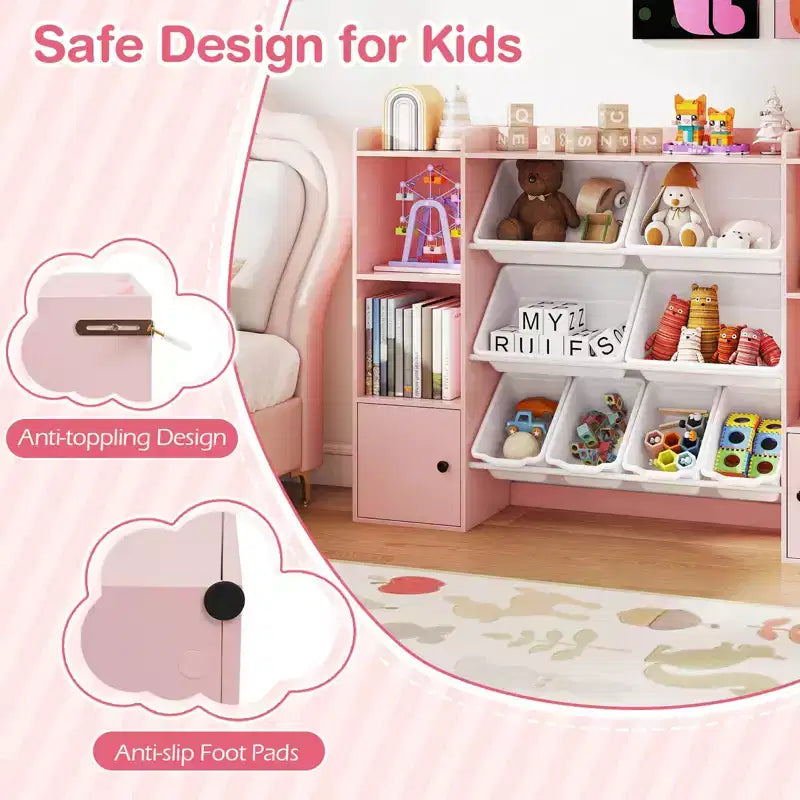 Costway Kids Toy Storage and Bookshelf with 8 Boxes Open Shelves & 2 Single-door Cabinets White/Gray/Beige/Pink