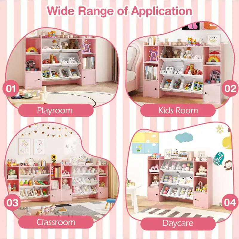Costway Kids Toy Storage and Bookshelf with 8 Boxes Open Shelves & 2 Single-door Cabinets White/Gray/Beige/Pink