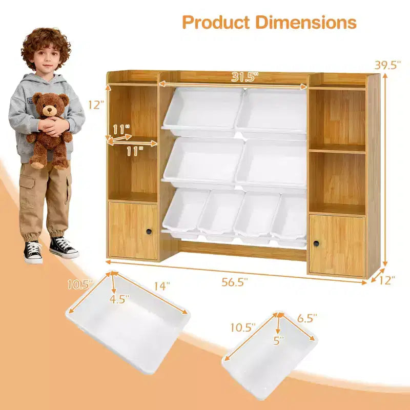 Costway Kids Toy Storage and Bookshelf with 8 Boxes Open Shelves & 2 Single-door Cabinets White/Gray/Beige/Pink