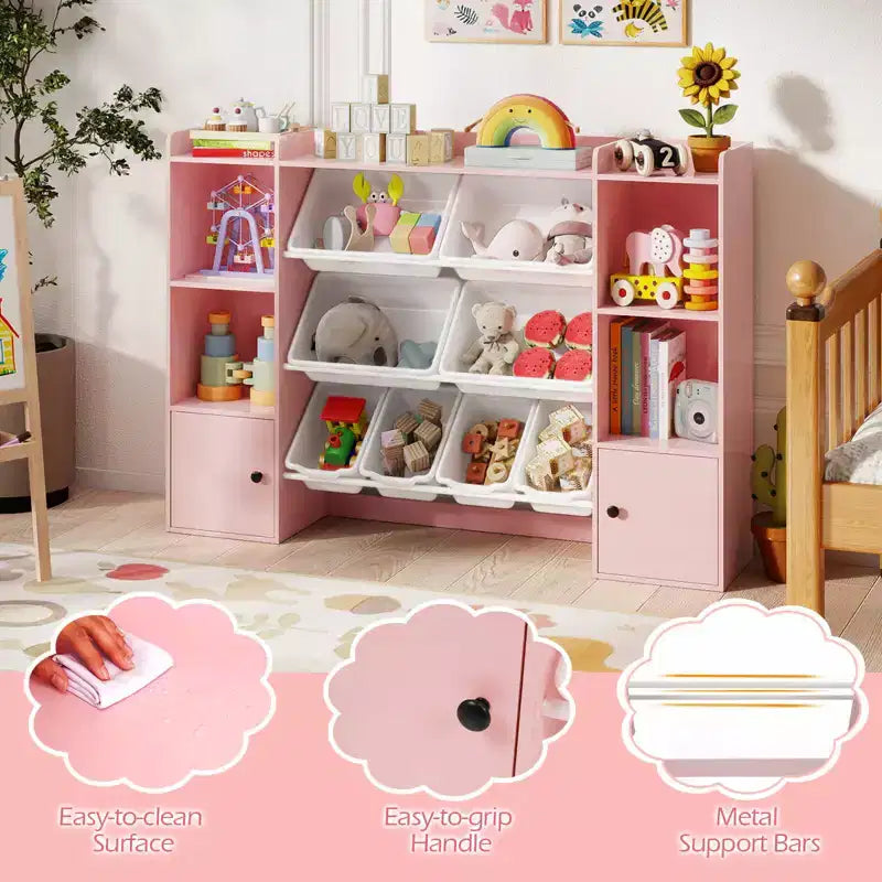 Costway Kids Toy Storage and Bookshelf with 8 Boxes Open Shelves & 2 Single-door Cabinets White/Gray/Beige/Pink